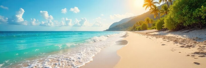 Fototapeta premium Sun-drenched beach, vibrant summer colors, tranquil ocean waves lapping the shore Perfect for travel, vacation, and summer holiday themes Seasonal change evident in the landscape , shells, heat