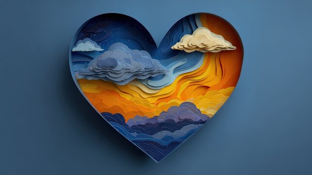 Colorful 3D Paper Art Heart Shaped Cloud Landscape