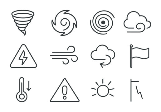 Extreme Weather Icons. Outline vector icons of extreme wind events: tornado funnel, hurricane swirl, cyclone