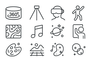Fototapeta premium Immersive Art Icons. Outline vector icons of immersive art experiences: 360-degree canvas, light beam, headset
