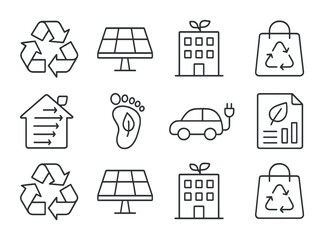 Sustainability Icons Grid. Outline vector icons of sustainability in business: recycling arrows, solar panel,