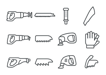 Demolition Tools Icons. Outline vector icons of demolition tools with blades: reciprocating saw, demolition