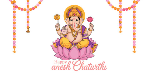 happy ganesh chaturthi greeting with lord ganesha seated on lotus holding modak, axe, lotus and goad, adorned with garlands and ornaments