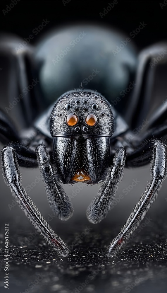 Poster close-up macro shot of a dark spider s exoskeleton, highlighting intricate textures and shadows
