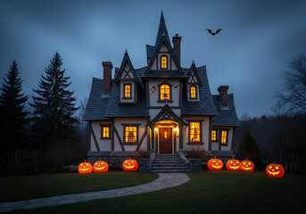 Halloween decorated house with jack-o'-lanterns and bat silhouette