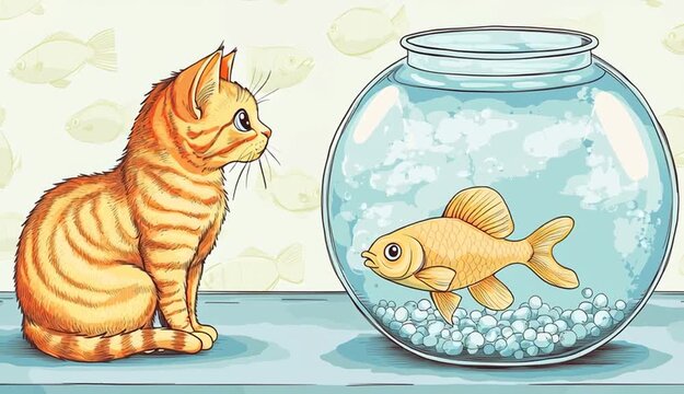 comic book cat looking on the fish in glass aquarium