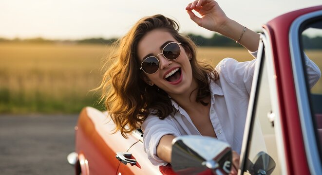 Happy Woman with Sunglasses Leaning Out of a Red Convertible Car, Smiling and Enjoying the Sunset Outdoors, Freedom and Travel Concept
