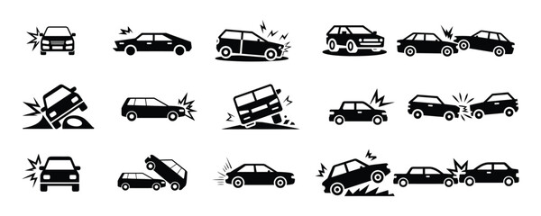 Naklejka premium Car accident icon set. Car crash icons. car accidents, breakdowns, collisions and maintenance , Vector Illustration.