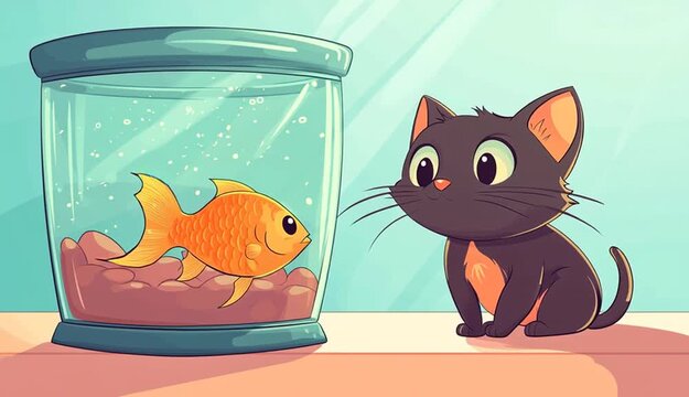 comic book cat looking on the fish in glass aquarium