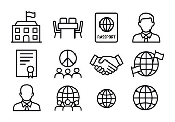 Diplomacy Vector Icons. Outline vector icons of international diplomacy: embassy building, negotiation table,