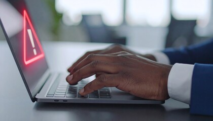A person's hands typing on a laptop with a red warning symbol displayed on the screen.