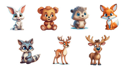 Cute Forest Animals in Cartoon Style on White Background. Adorable cartoon forest animals including a bear, hedgehog, deer, and raccoon, drawn in a playful and friendly style, ideal for children&rsquo;s 
