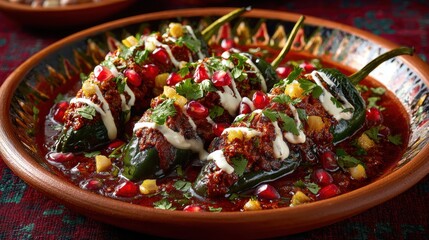 Beautiful and authentic presentation of Chiles en Nogada, traditional Mexican cuisine, vibrant colors, rich textures, food photography masterpiece