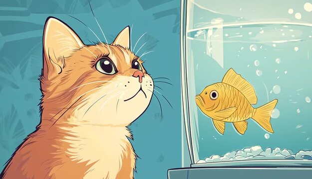 comic book cat looking on the fish in glass aquarium
