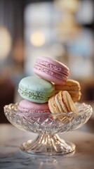 Parisian Pastel Macarons in Elegant Crystal Plate