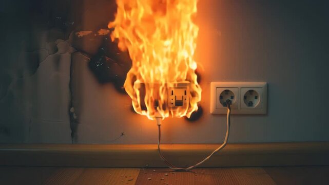 Electrical outlet on fire with flames engulfing the wall and plugs in a dangerous situation