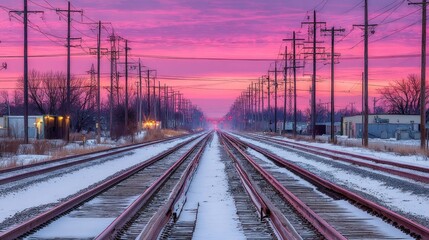 Winter sunrise over a snow-covered train track