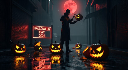 Halloween scene with pumpkins, detective, and 'halloween day 2025' sign