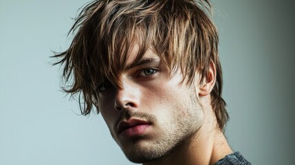 Obraz premium A close-up portrait of a man with tousled hair and a serious expression, set against a plain background. The lighting is soft and even, highlighting the texture of his hair and skin.