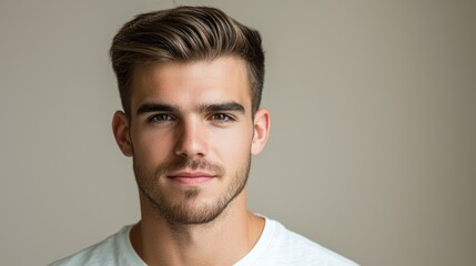 Obraz premium A close-up portrait of a man with a neat hairstyle and a light beard, wearing a plain white t-shirt against a neutral background.