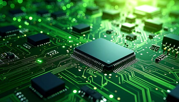 Electronic circuit board featuring integrated circuits and vibrant green pathways