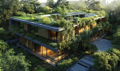 Obraz premium Environmentally conscious architectural project featuring green building design. The focus is on sustainability, resource efficiency, and minimal environmental impact through innovative, Generative AI