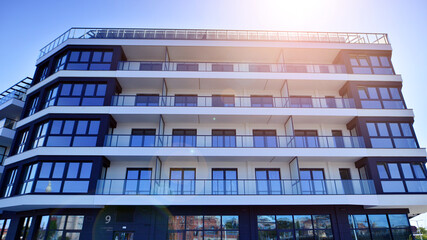 Modern architecture of urban residential apartment building. Apartment building exterior, residential house facade.
