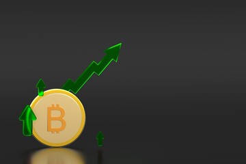 3D Bitcoin coin with green arrows and rising chart on a dark background, representing cryptocurrency price growth and bullish market trend.