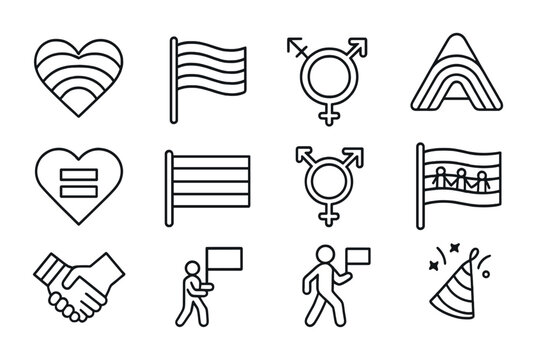 LGBTQ+ Inclusion Icons. Outline icon set of LGBTQ+ inclusion: rainbow heart, pride flag, intersex symbol, ally
