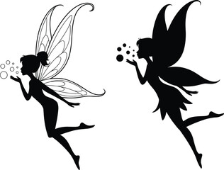 Silhouette of two fairies blowing bubbles, fantasy art, magical creatures, fairy wings, enchanted forest, mystical illustration, whimsical design, vector