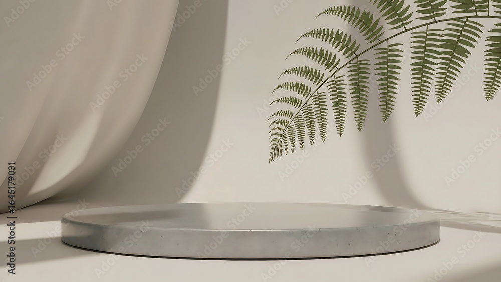 Poster minimalist stone podium with fern leaf for product display and presentation, creating a calm and zen