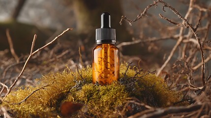 Organic face serum mock balanced on soft moss and twigs with orange tint