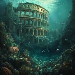 Sunken colosseum overgrown with coral sea monsters circling its ruins