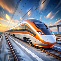 Naklejka premium modern highspeed train on tracks orange and white