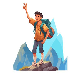 Cartoon-style young hiker standing on a mountain summit, smiling and flashing a peace sign, wearing a backpack and outdoor gear. Happy Hiker Reaching Mountain Peak with Peace Sign