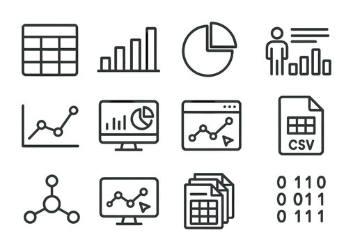 Data Journalism Icons. Outline icon set of data journalism: spreadsheet, bar chart, pie graph, infographic,