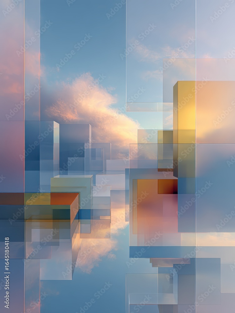 Poster abstract architecture meets sky: a stunning digital rendering of geometric structures reaching towar