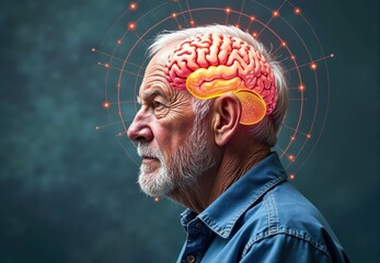 Older Man Profile with Brain Graphic and Network