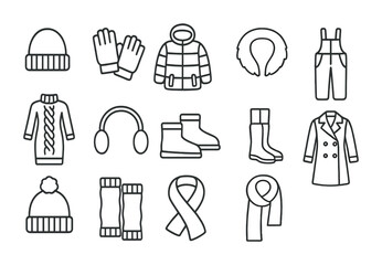 Winter Fashion Icons. Outline icon set of winter fashion accessories for photography: beanie, gloves, puffer
