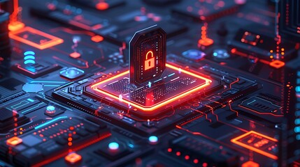 A glowing padlock on a central processing unit representing cyber security and data protection concept