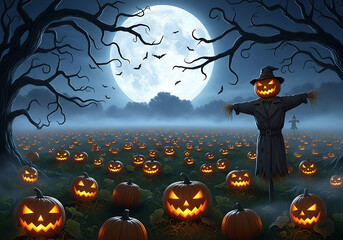 Halloween pumpkin patch with scarecrow and full moon