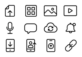 Mobile Sharing Icons. Outline icon set of mobile content sharing: file upload, app grid, image gallery, video