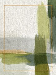 Abstract Watercolor Landscape with Golden Frame: An elegant, modern abstract painting, rendered in soft watercolor with soothing greens, grays and gold, framed by a delicate golden border.