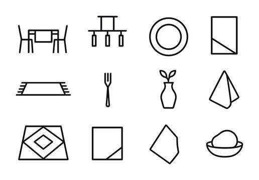 Minimalist Dining Icons. Outline icon set of minimalist formal dining rooms: sleek table, monochrome chairs,