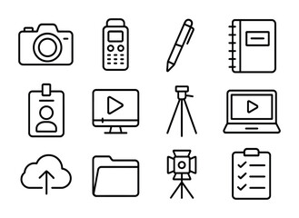 Journalism Tools Icon Set. Outline icon set of journalism tools: camera, recorder, pen, notebook, press badge,