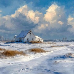 Winter landscape with white farmhouse