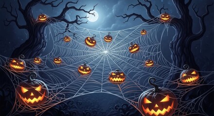 Eerie Halloween Night with Glowing Jack o Lanterns and Spooky Cobwebs