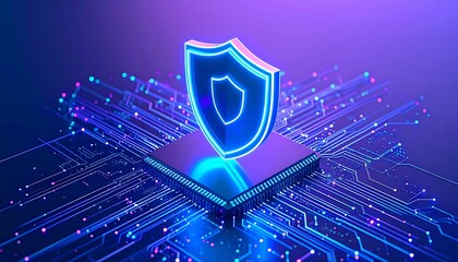 Digital Shield Over a Circuit Board with Neon Glow