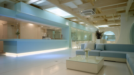 パステルブルーのカウンターのある受付、レセプション、待合室、