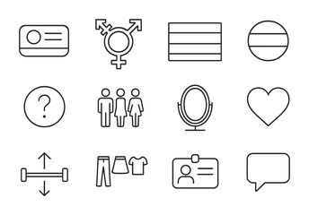 Gender Identity Icons. Outline icon set of gender identity: pronoun badge, transgender symbol, non-binary flag